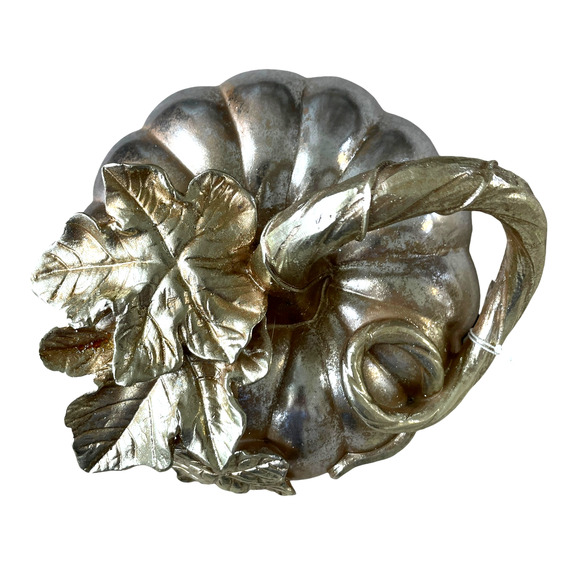 Laura Ashley Metallic Silver PUMPKIN With 3D Gold Leaf Detail 9" Fall Decor NEW - Picture 3 of 10